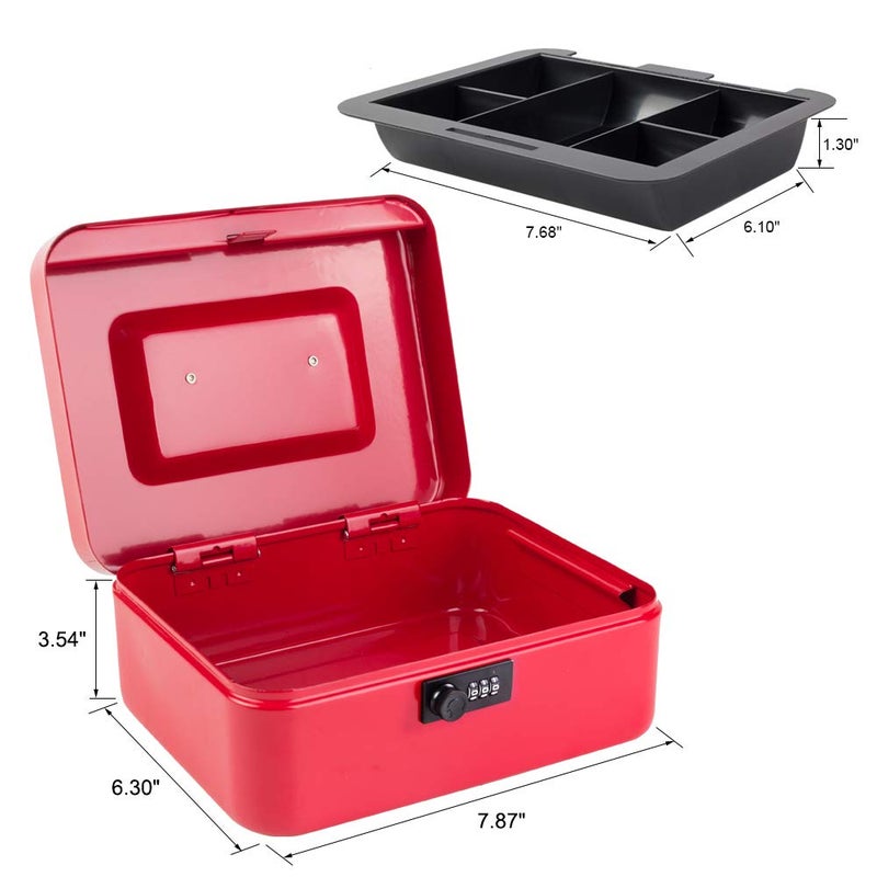 KYODOLED Medium Cash Box with Combination Lock Safe Metal Money Box with Money Tray for Security Lock Box 7.87"x 6.30"x 3.54" Red Medium - Image 3